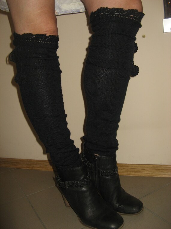 Items similar to Knitted Woolen Navyblue Womens Leg Warmers Boots Long