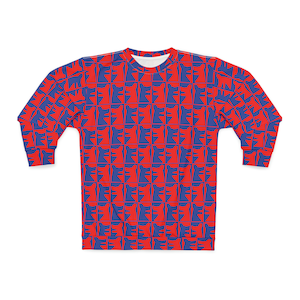 Puede incluir: Sudadera de manga larga roja y azul con un patrón geométrico de formas abstractas repetidas.
