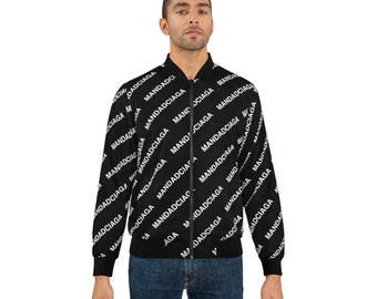 May include: A black bomber jacket with a white repeated pattern of the word "MANDADCIAGA".