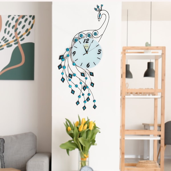 MEIDA Peacock Silent Wall Clock - with Shiny Rhinestones for Living Rooms