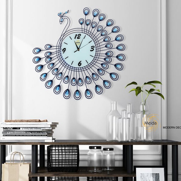 MEIDA Peacock Wall Decor With Silent Clock,Handmade Crystals