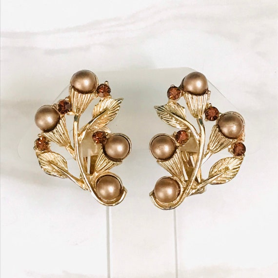 Vintage Brown Faux Pearl Rhinestone Flower Bud Ea… - image 1