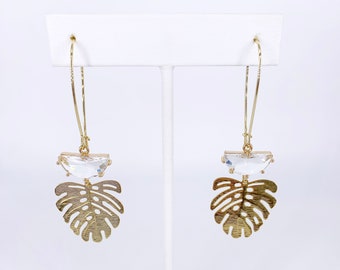 Clear Brass Leaf Earrings, geometric earrings, minimalist earrings, bride jewelry, drop earrings, leaf earrings, brass earrings