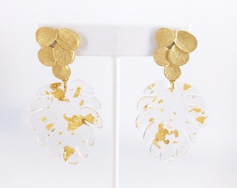 Golden Leaves Acrylic Earrings, geometric earrings, boho earrings, modern earrings, resin earrings, statement earrings, gold earrings