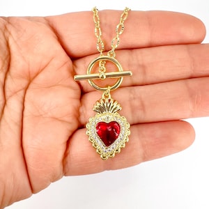 Collar de rubí con el Sagrado Corazón, dije de corazón, collar con dije, collar de fe, collar de Jesús, colgante de fe, collar rojo, collar con cierre de palanca
