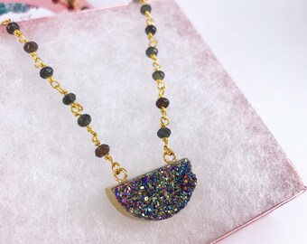 Rainbow Druzy Necklace, Choker Necklace, Druzy Jewelry, geode choker, geode necklace, trendy necklace