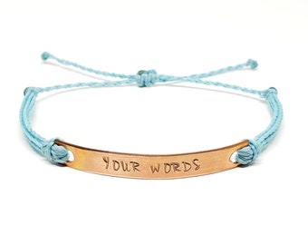Custom String Bracelet for Women | Hand Stamped Metal Bar With Custom Text | Gold Rose Gold & Silver