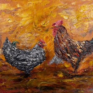 Hen and Rooster, oil on canvas, oil painting, original painting, chicken painting, chicken art, home décor, textured painting
