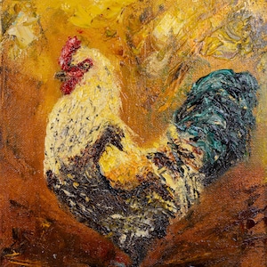 Almond the Rooster, oil on canvas, oil painting, original painting, chicken painting, chicken art, home décor, textured painting
