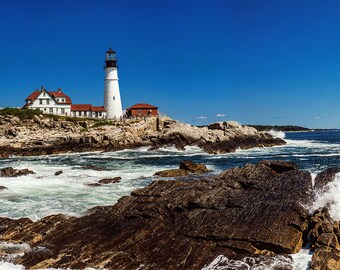 10x30 Photograph Fine Art Print of Portland Lighthouse, Cape Elizabeth, Maine, Landscape Photography, Photographic Print, Ocean, Sea, Beach