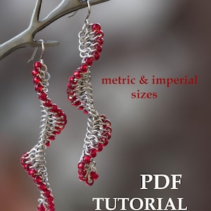 May include: A pair of long, spiral-shaped chainmaille earrings featuring silver-toned metal rings and small, translucent red beads. The text on the image reads: metric & imperial sizes, PDF TUTORIAL. These earrings hang from silver-toned ear wires.
