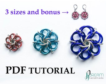 Rosalina bloom tutorial 3 sizes, chainmaille Jewelry, chain maille Earrings, chainmaille pendant, flower tutorial diy, moorish rose