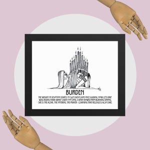 Pode incluir: Impressão artística emoldurada em preto com a palavra "BURDEN" e um desenho de uma pessoa com velas. A obra de arte inclui texto sobre devoção e libertação. A imagem é em preto e branco.