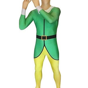 May include: Green and yellow elf costume with a black belt. The costume is a full-body suit with a pointed hat.