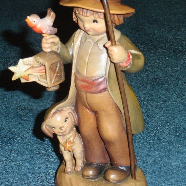 7" Ferrandiz Anri Wood Carved Figure Guiding Light Boy Bird Lamb - Collectible Christmas or Birthday Gift!