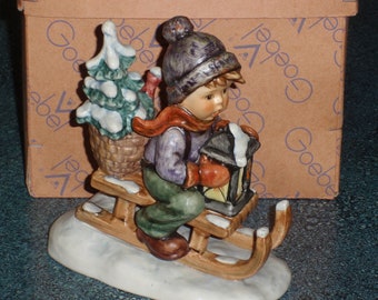 Ride Into Christmas Holiday Hummel Figurine #396/I TMK5 With Box - Boy Sledding With Lantern & Xmas Tree Great Vintage Collectible Gift!