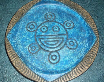 Puerto Rico Blue Sun Face Stoneware Plate Signed By Artist G. Willen - Collectible Mother's Day GIFT!