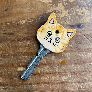 Può includere: Una chiave in metallo con una copertura in pelle color cuoio a forma di testa di gatto. La pelle è dipinta a mano con dettagli in inchiostro nero, inclusi occhi, baffi e naso, con accenti rosa all'interno delle orecchie. Un foro è presente.