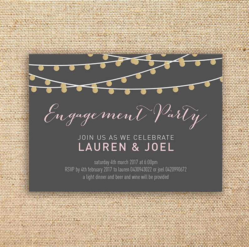 Blush Pink and Gold String Light Engagement Invite