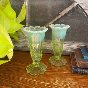 Rare Northwood Uranium Glass Vases, 1899 Canary Opalescent Set