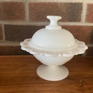 Milk Glass Candy Dish, Compote, Old Colony, Scalloped Lace Edge