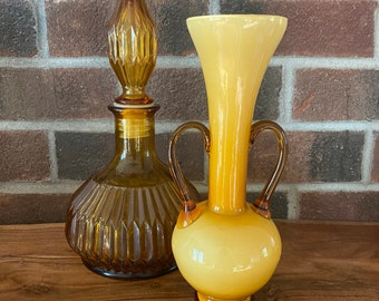 Empoli Cased Glass Vase, Double Handle Vase, Butterscotch Glass, Italian Glass, Empoli Glass, Amber Glass