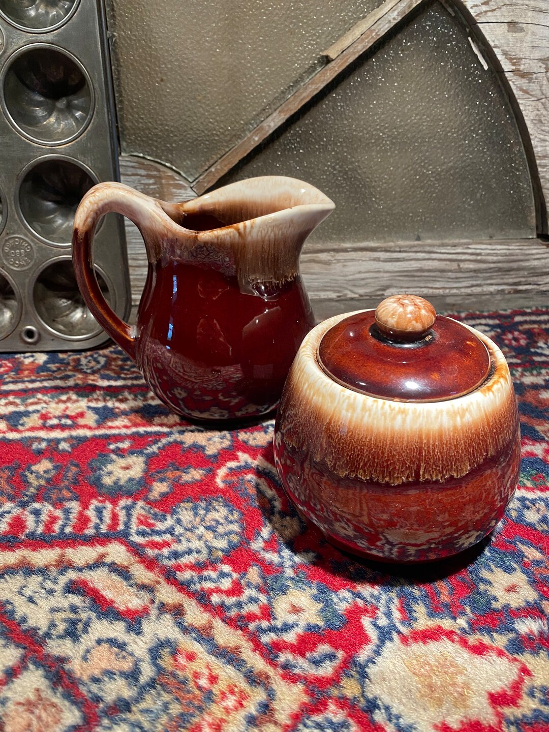 Vintage Mccoy Pottery Sugar and Creamer Set Brown Drip Glaze Etsy