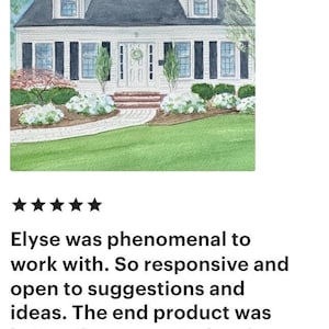 May include: Watercolor painting of a two-story house with a black roof, white siding, and black shutters. The house has a front porch and is surrounded by green grass and landscaping. The sky is blue with some clouds.