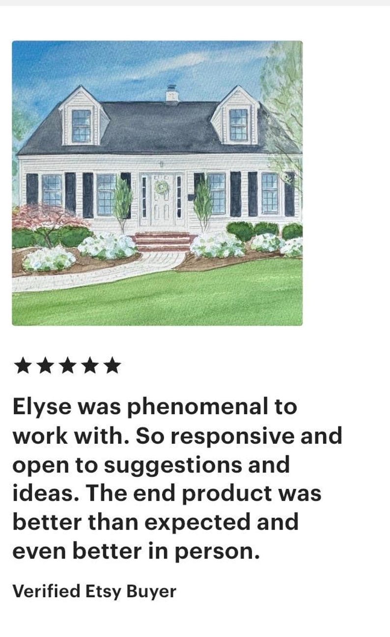 May include: Watercolor painting of a two-story house with a black roof, white siding, and black shutters. The house has a front porch and is surrounded by green grass and landscaping. The sky is blue with some clouds.