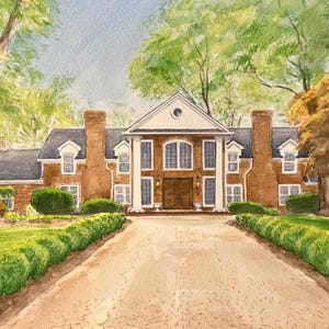 May include: Watercolor painting of a large brick house with a white portico and columns. The house has a dark roof and is surrounded by lush greenery, including a long driveway lined with trimmed hedges and mature trees.