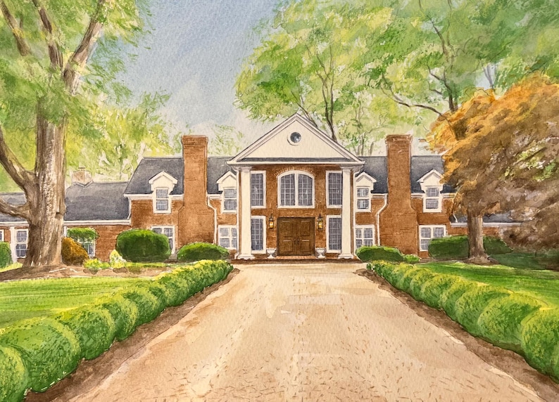 May include: Watercolor painting of a large brick house with a white portico and columns. The house has a dark roof and is surrounded by lush greenery, including a long driveway lined with trimmed hedges and mature trees.