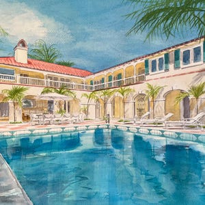 May include: Watercolor painting of a luxurious villa with a swimming pool. The villa features a red-tiled roof, arched doorways, and green shutters. Palm trees frame the scene, and the pool reflects the blue sky.