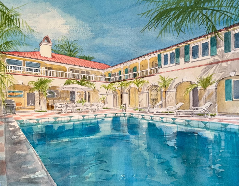 May include: Watercolor painting of a luxurious villa with a swimming pool. The villa features a red-tiled roof, arched doorways, and green shutters. Palm trees frame the scene, and the pool reflects the blue sky.