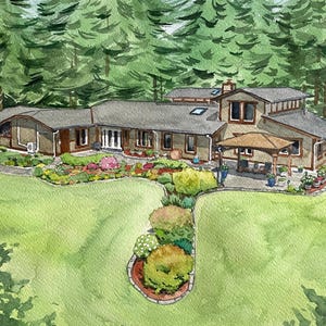 May include: Watercolor painting of a house with a light brown exterior, gray roof, and lush green lawn. The house is surrounded by a variety of colorful flowers and trees. A patio with a pergola is visible.