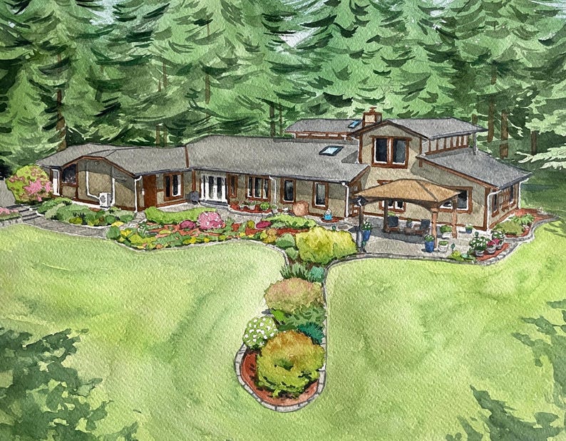 May include: Watercolor painting of a house with a light brown exterior, gray roof, and lush green lawn. The house is surrounded by a variety of colorful flowers and trees. A patio with a pergola is visible.