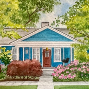 May include: Watercolor painting of a blue house with a gray roof, a red door, and white trim. Lush green trees and bushes frame the house, with pink and red flowers in the foreground. A black swing hangs on the porch.