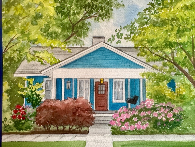 May include: Watercolor painting of a blue house with a gray roof, a red door, and white trim. Lush green trees and bushes frame the house, with pink and red flowers in the foreground. A black swing hangs on the porch.