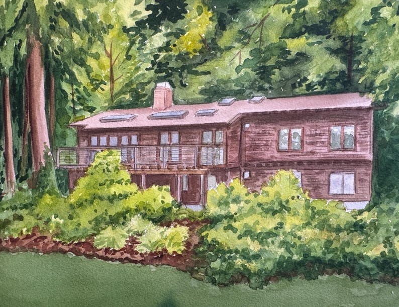 May include: Watercolor painting of a two-story brown house with a deck, surrounded by lush green trees and foliage. The house has multiple windows and a chimney. The artwork captures a serene, natural setting.