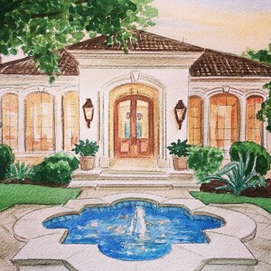 May include: Watercolor painting of a luxurious home with a fountain in the foreground. The house features a brown tile roof, arched windows, and a wooden door. Lush greenery surrounds the house and fountain, creating a serene and inviting atmosphere.
