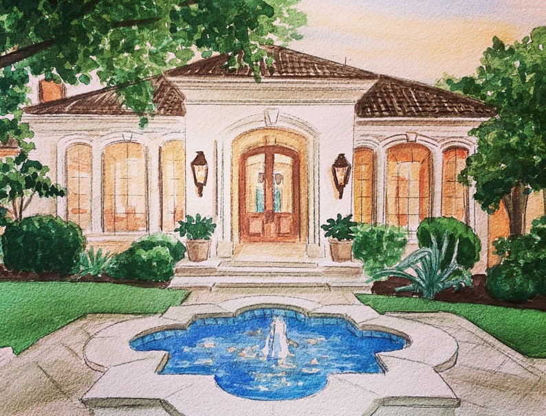 May include: Watercolor painting of a luxurious home with a fountain in the foreground. The house features a brown tile roof, arched windows, and a wooden door. Lush greenery surrounds the house and fountain, creating a serene and inviting atmosphere.