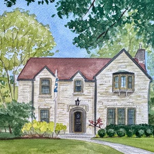 May include: Watercolor painting of a two-story house with a red roof, stone facade, and a flag. The house has multiple windows and is surrounded by green trees and bushes. A pathway leads to the front door.