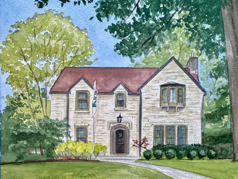 May include: Watercolor painting of a two-story house with a red roof, stone facade, and a flag. The house has multiple windows and is surrounded by green trees and bushes. A pathway leads to the front door.