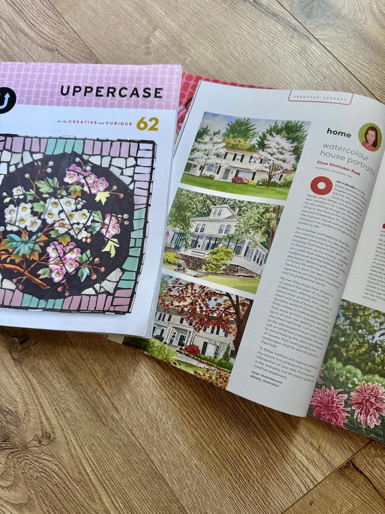 May include: A stack of magazines with the word "UPPERCASE" in pink and white. One magazine features a mosaic floral design. Another magazine displays watercolor house portraits.