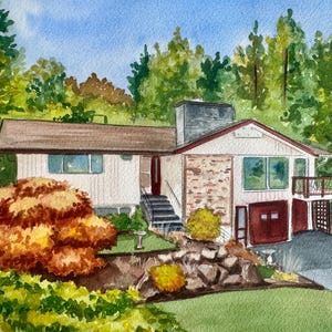 May include: Watercolor painting of a house with a brown roof, white siding, and a brick facade. The house has a garage and a small balcony with an American flag. Lush green trees and bushes surround the house.