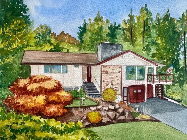 May include: Watercolor painting of a house with a brown roof, white siding, and a brick facade. The house has a garage and a small balcony with an American flag. Lush green trees and bushes surround the house.
