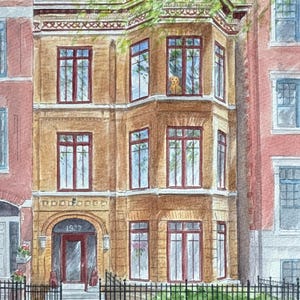 May include: Watercolor painting of a three-story brownstone building with multiple windows and a decorative facade. The building has a red door and the number 1927 above the entrance. A dog is visible in one of the windows. A black fence and green foliage are in the foreground.