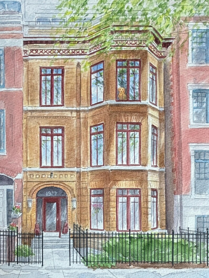 May include: Watercolor painting of a three-story brownstone building with multiple windows and a decorative facade. The building has a red door and the number 1927 above the entrance. A dog is visible in one of the windows. A black fence and green foliage are in the foreground.