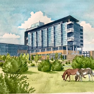 May include: Watercolor painting of a modern building with glass windows and a flat roof. Two horses graze on the green grass in front of the building. The sky is blue with white clouds. The painting has a natural, outdoor theme.