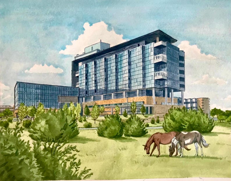 May include: Watercolor painting of a modern building with glass windows and a flat roof. Two horses graze on the green grass in front of the building. The sky is blue with white clouds. The painting has a natural, outdoor theme.