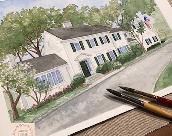 Custom Home Watercolor from photo, Painting of home, House portrait, First Home Gift, Personalized Custom House Drawings, Hand painted gift.